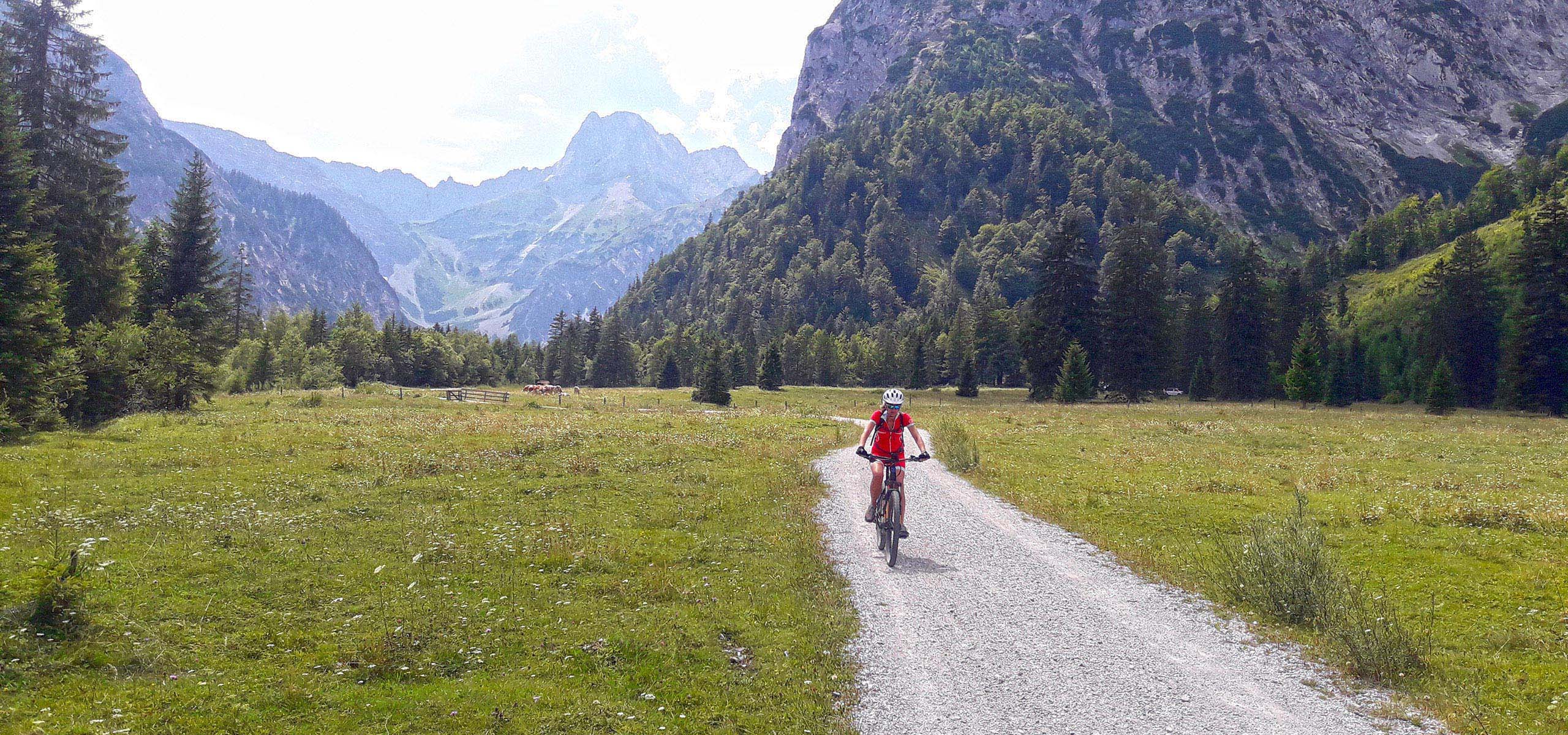Mountainbikerin auf Schotterweg durch Almwiesen mit Bergpanorama in Tirol